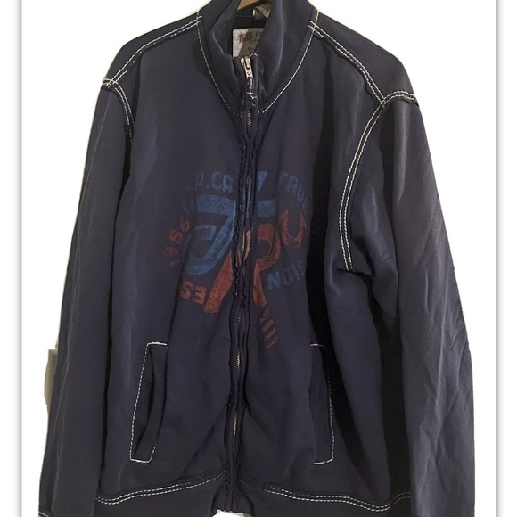 True Religion World Tour Fleece Jacket Men Sz XXXL (3X) Full Zip Navy/Gray Logo - Picture 1 of 5